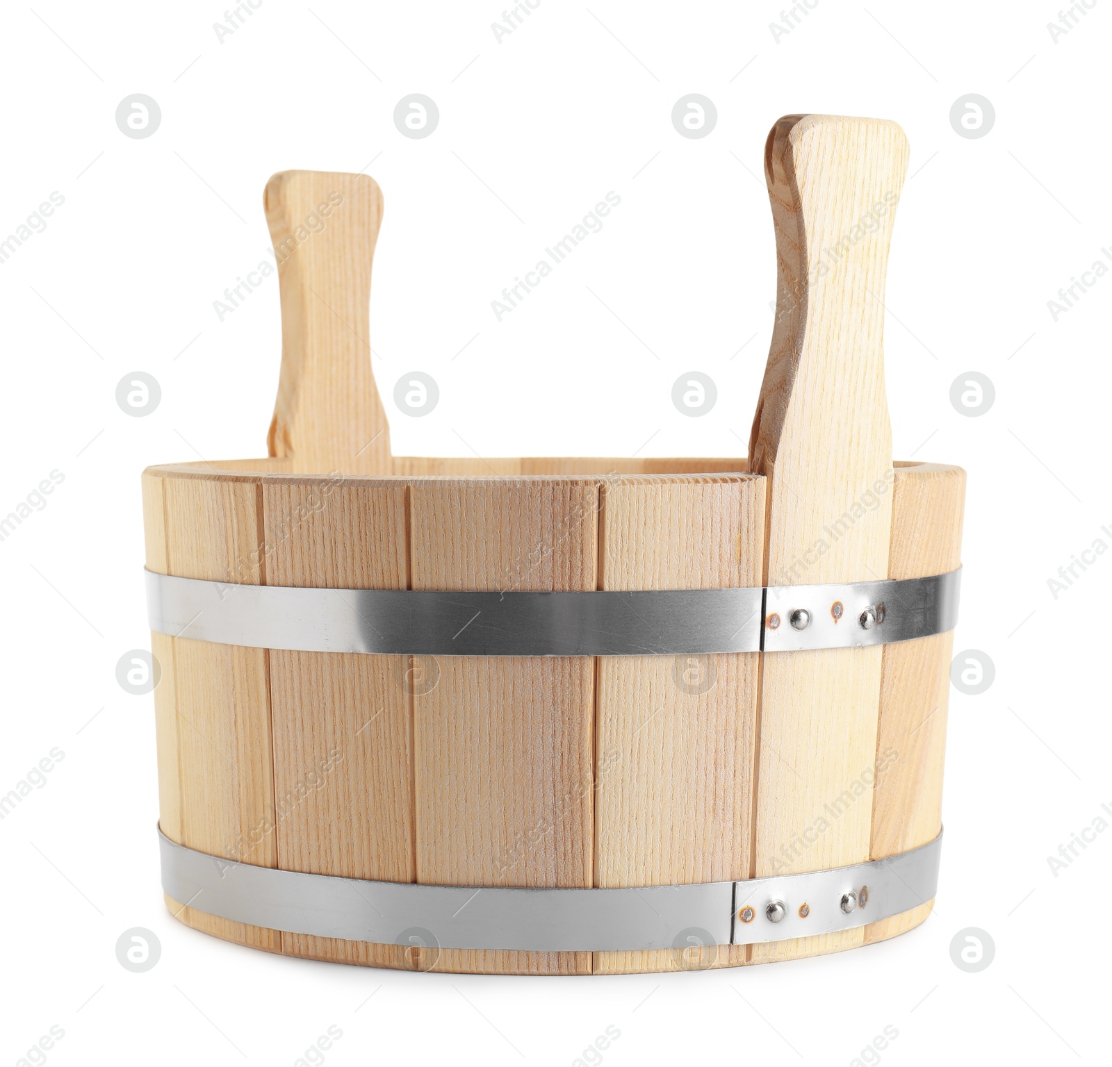 Photo of One wooden bucket isolated on white. Sauna equipment