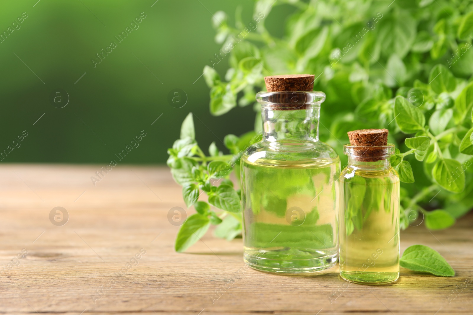 Photo of Essential oil in bottles and oregano twigs on wooden table against blurred green background, closeup. Space for text