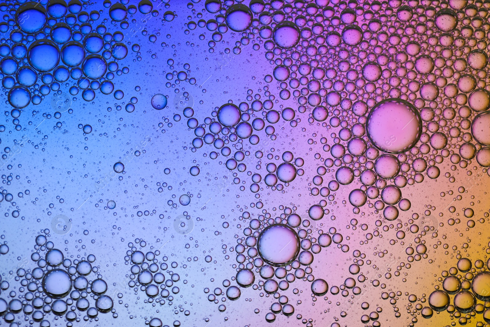 Photo of Essential oil bubbles on color background, macro view. Cosmetic product