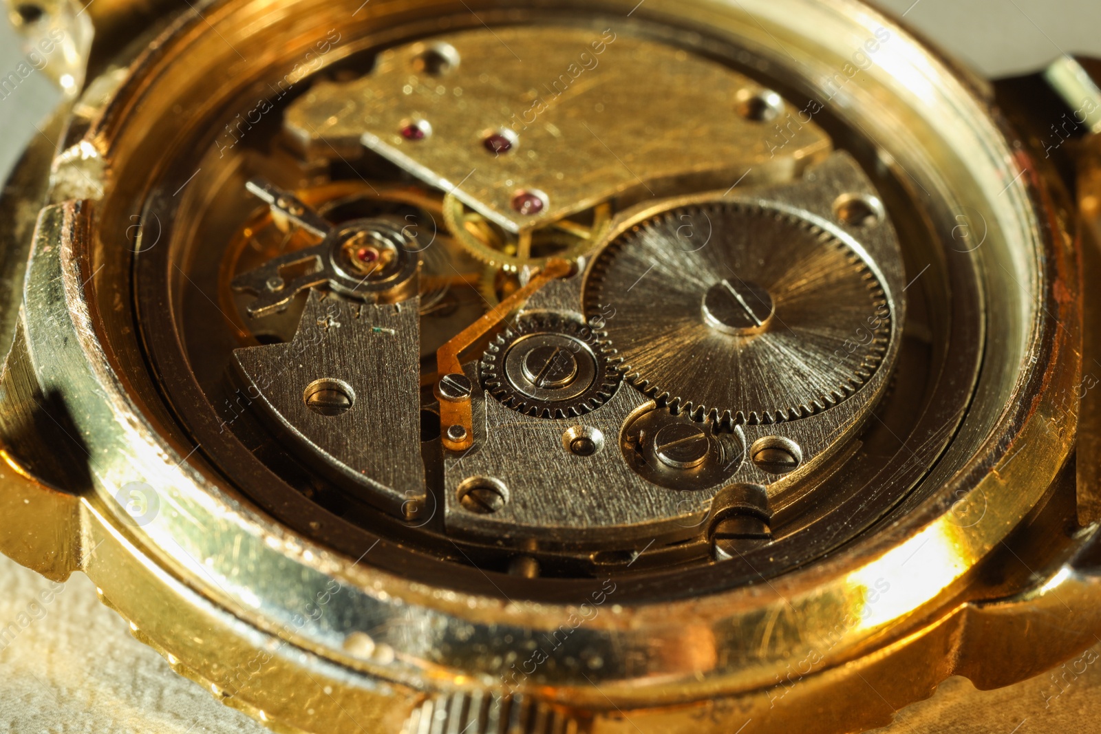 Photo of Mechanism of vintage wrist watch, closeup view