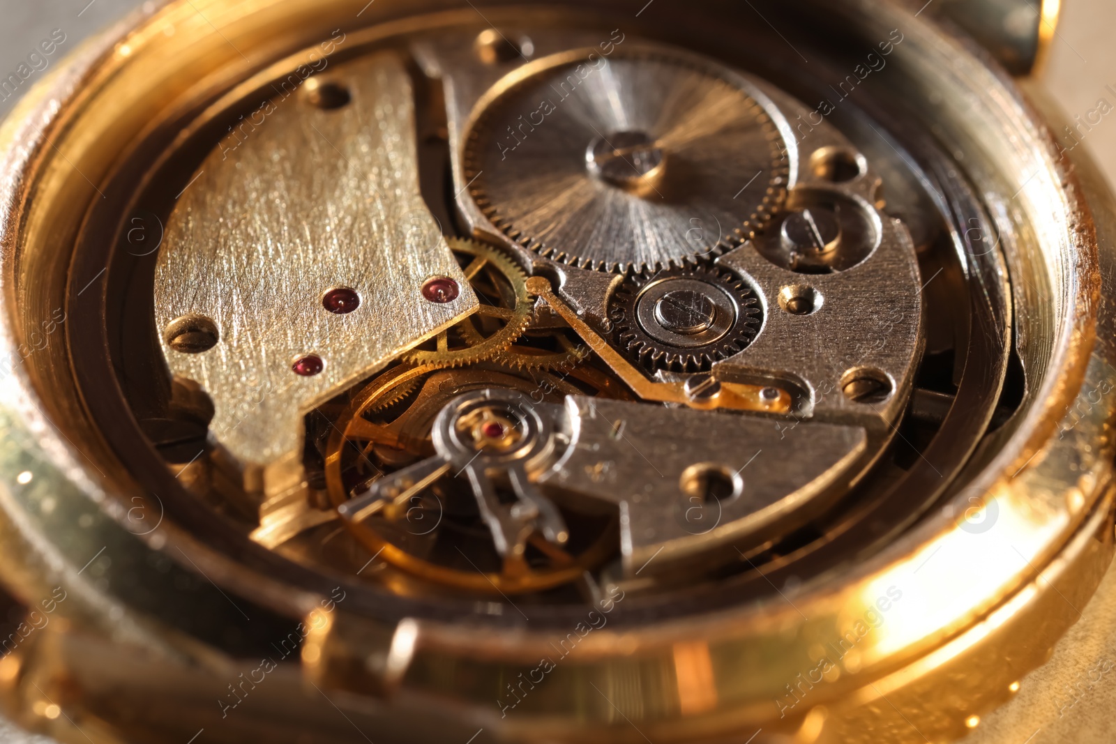 Photo of Mechanism of vintage wrist watch, closeup view