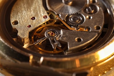 Mechanism of vintage wrist watch, closeup view