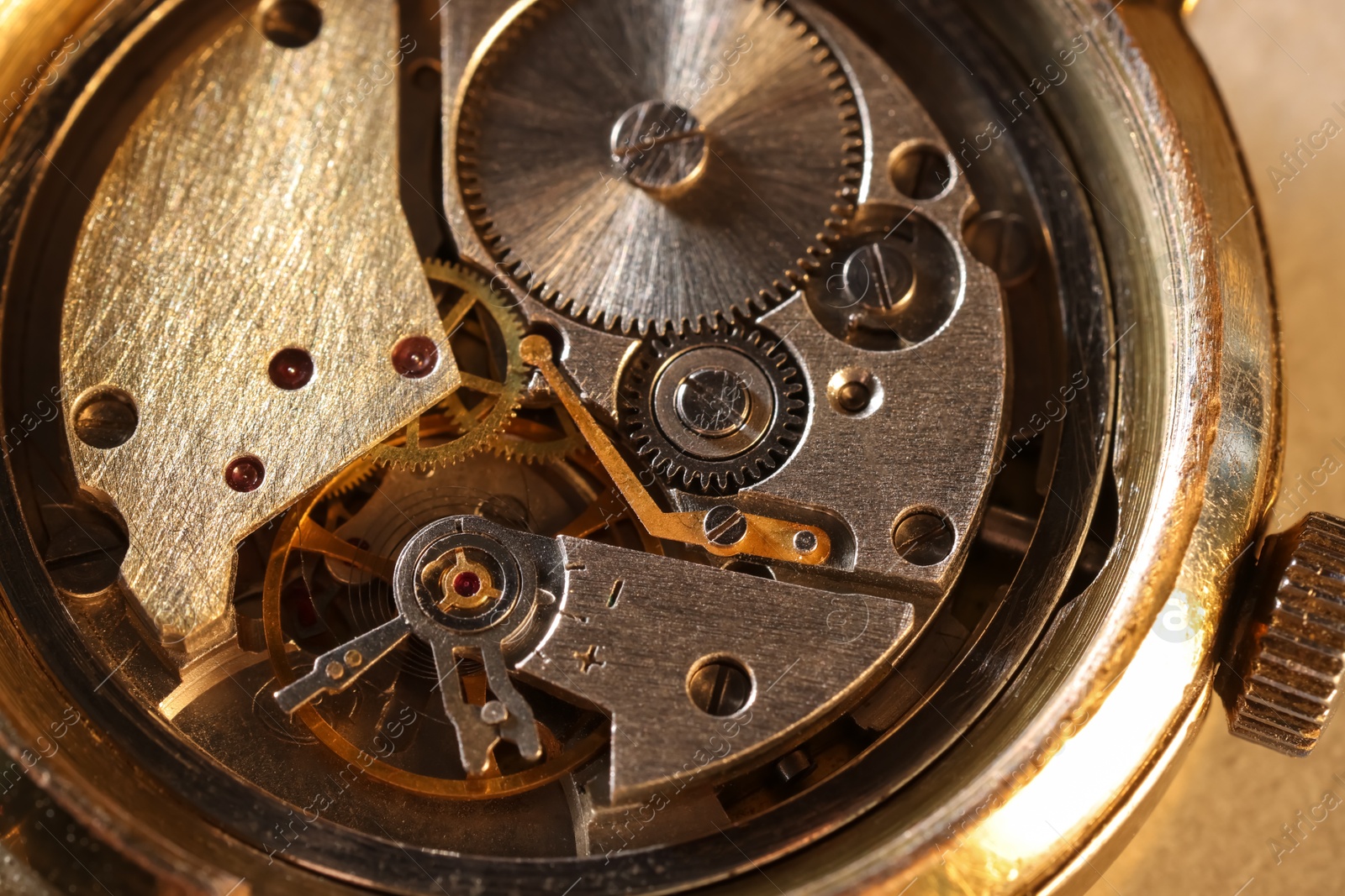 Photo of Mechanism of vintage wrist watch, closeup view