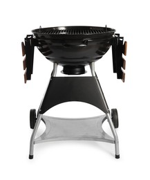 Photo of One black barbeque grill isolated on white. Cooking appliance