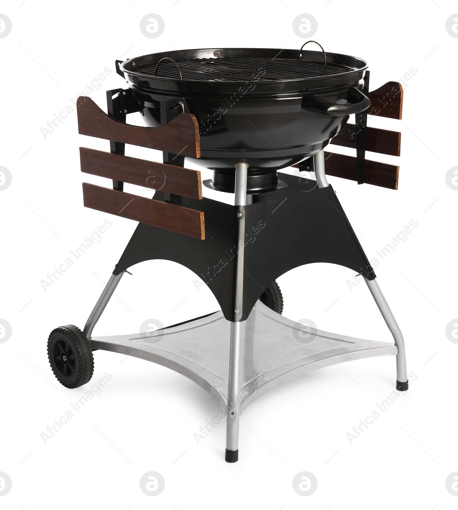 Photo of One black barbeque grill isolated on white. Cooking appliance