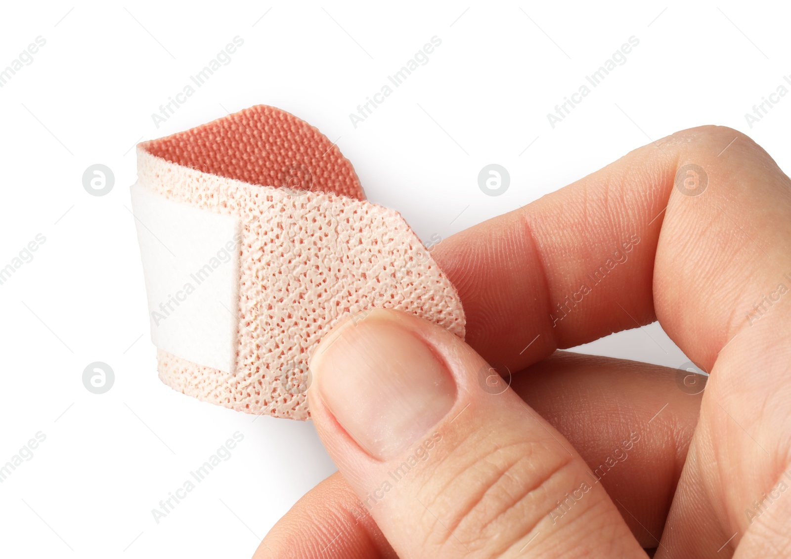 Woman putting medical adhesive bandage on white background, closeup Photo of Woman putting medical adhesive bandage on white background, closeup