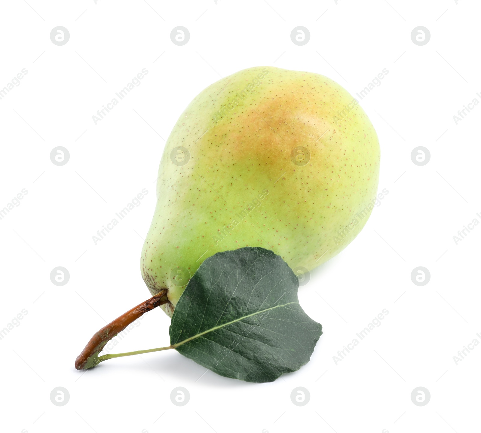 Photo of Fresh ripe pear with green leaf isolated on white