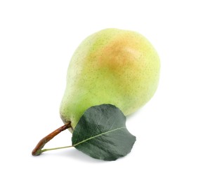 Photo of Fresh ripe pear with green leaf isolated on white