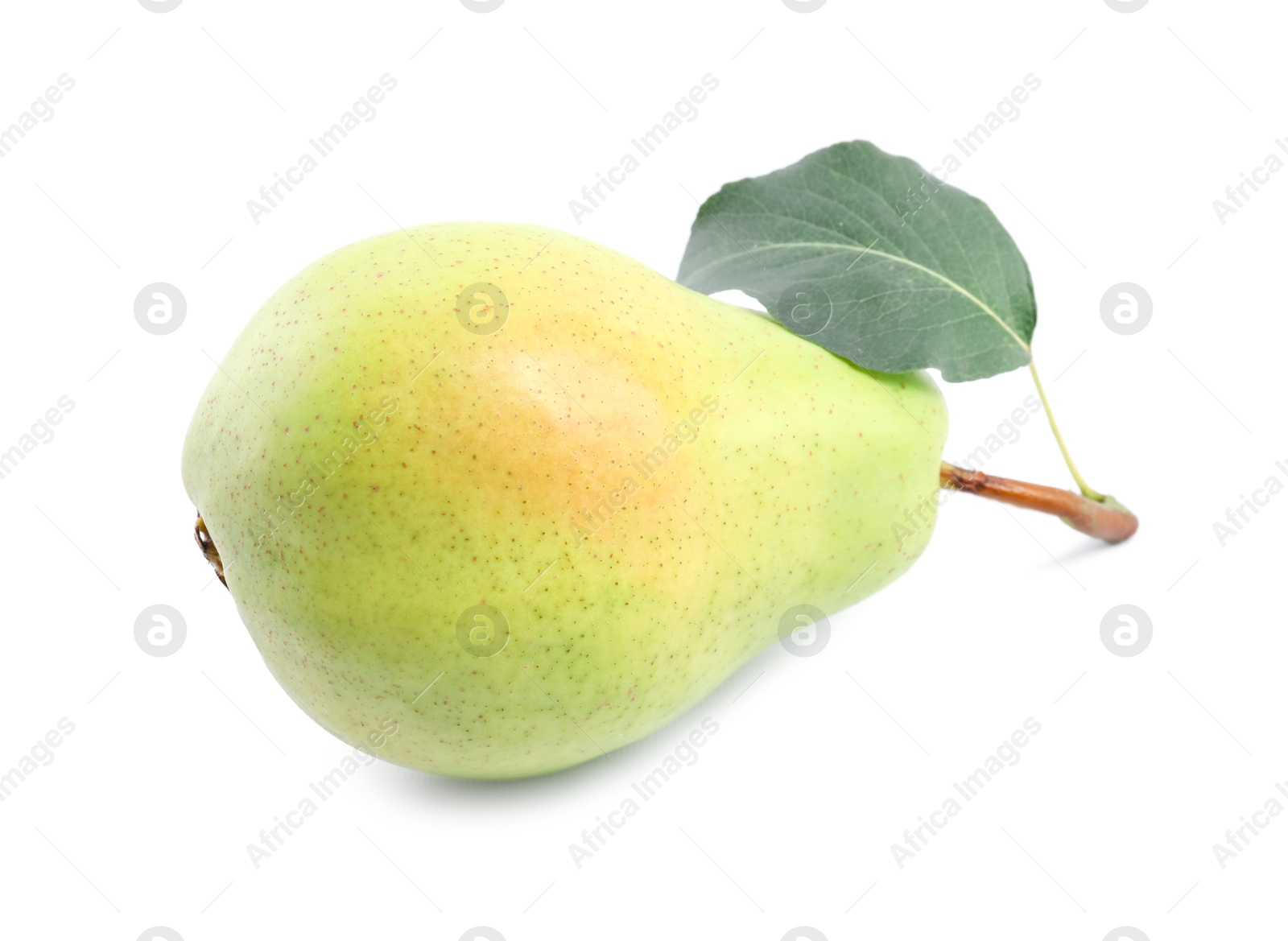 Photo of Fresh ripe pear with green leaf isolated on white