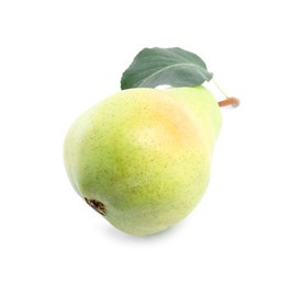 Photo of Fresh ripe pear with green leaf isolated on white