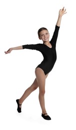 Photo of Little ballerina practicing dance moves on white background