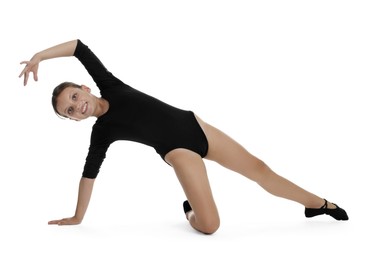 Portrait of little ballerina on white background