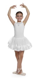 Photo of Little ballerina practicing dance moves on white background