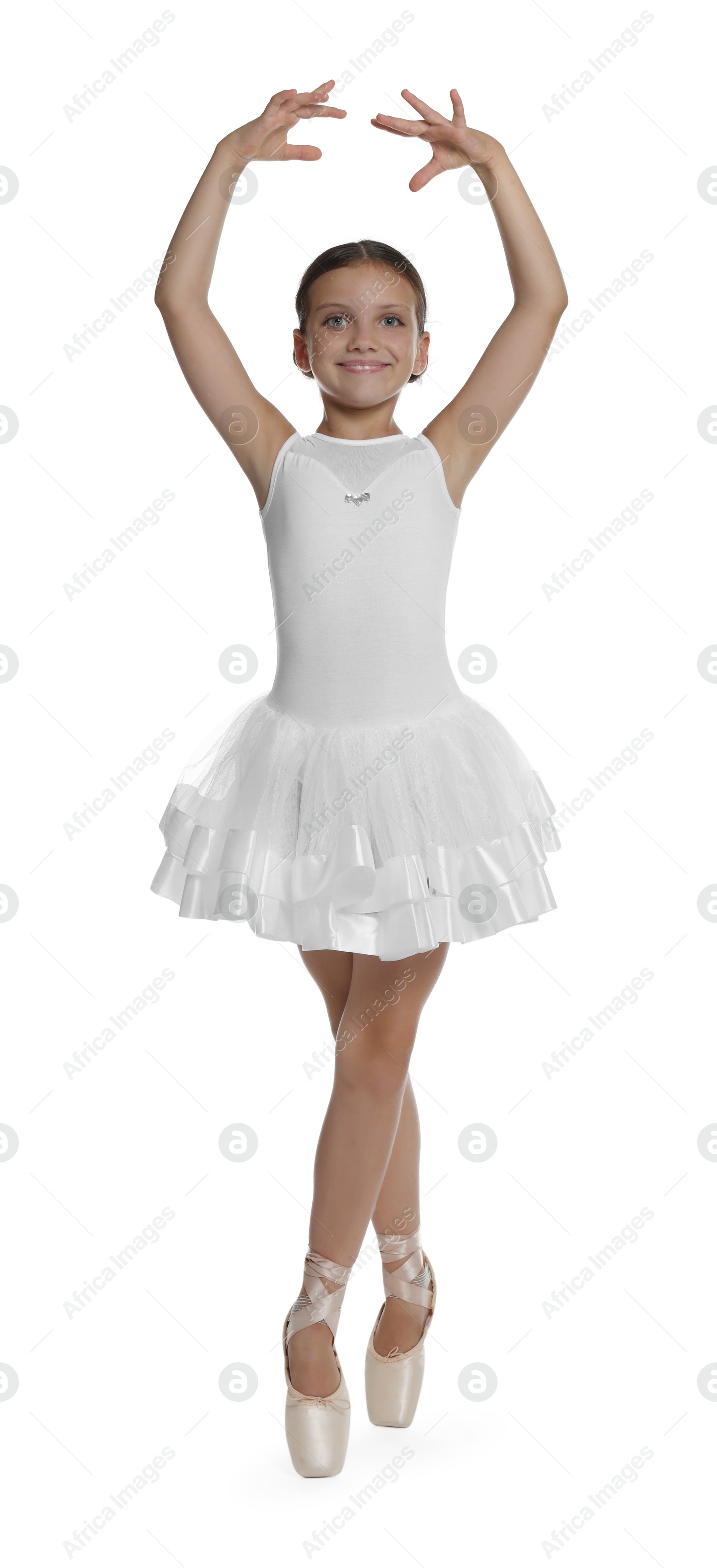 Photo of Little ballerina practicing dance moves on white background