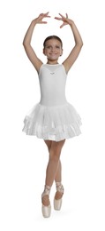 Little ballerina practicing dance moves on white background