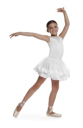 Photo of Little ballerina practicing dance moves on white background