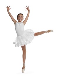 Cute little ballerina dancing on white background