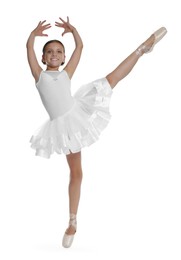 Photo of Cute little ballerina dancing on white background