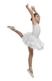 Photo of Cute little ballerina dancing on white background