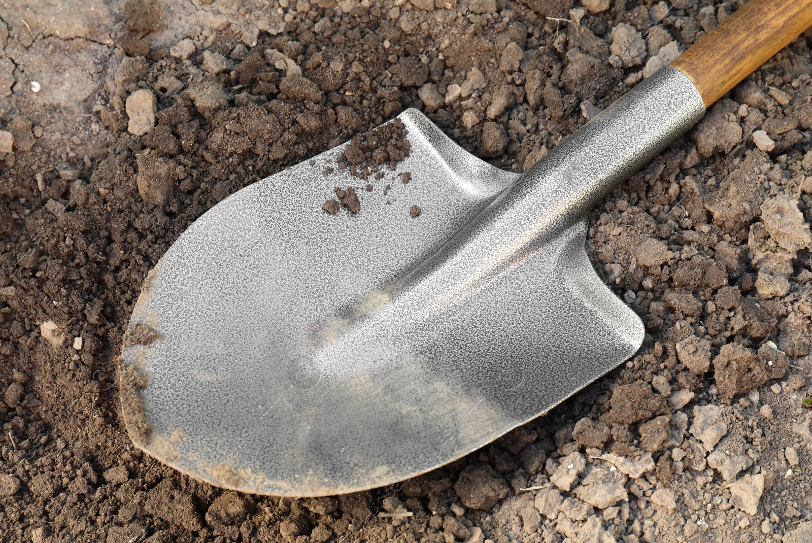 Photo of Metal shovel on soil outdoors, closeup. Gardening tool