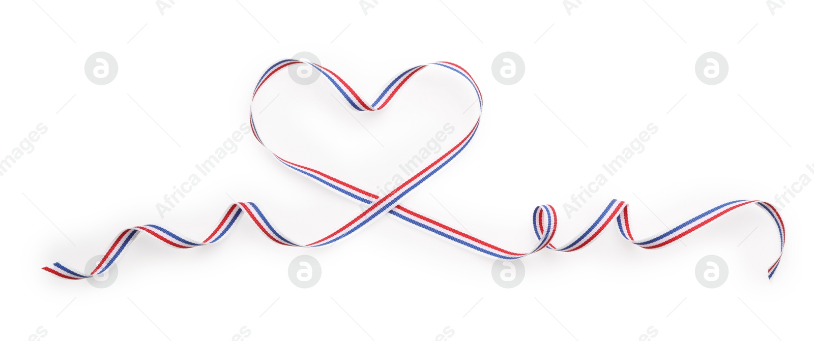 Photo of Heart made with ribbon in colors of Netherlands flag isolated on white, top view