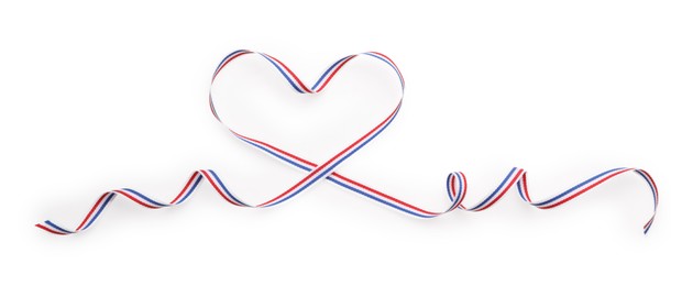 Heart made with ribbon in colors of Netherlands flag isolated on white, top view