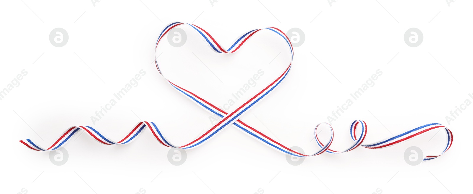 Photo of Heart made with ribbon in colors of Netherlands flag isolated on white, top view