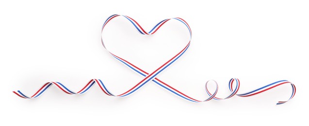 Heart made with ribbon in colors of Netherlands flag isolated on white, top view