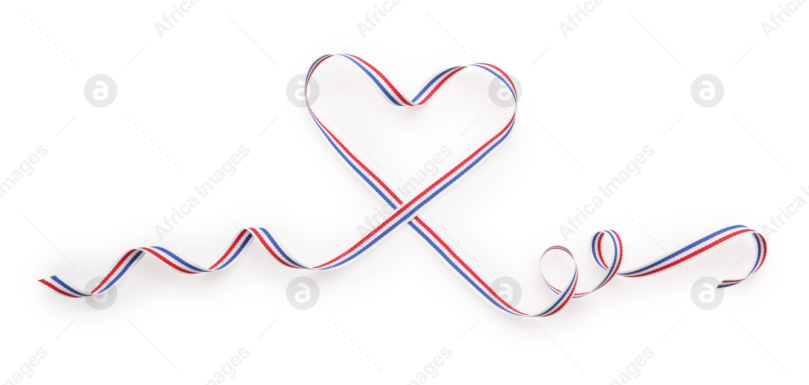 Photo of Heart made with ribbon in colors of Netherlands flag isolated on white, top view