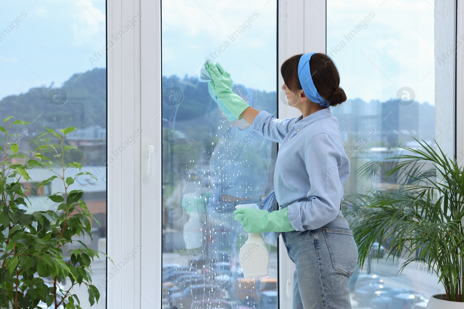 Photo of Young woman with spray bottle of detergent and napkin cleaning window indoors