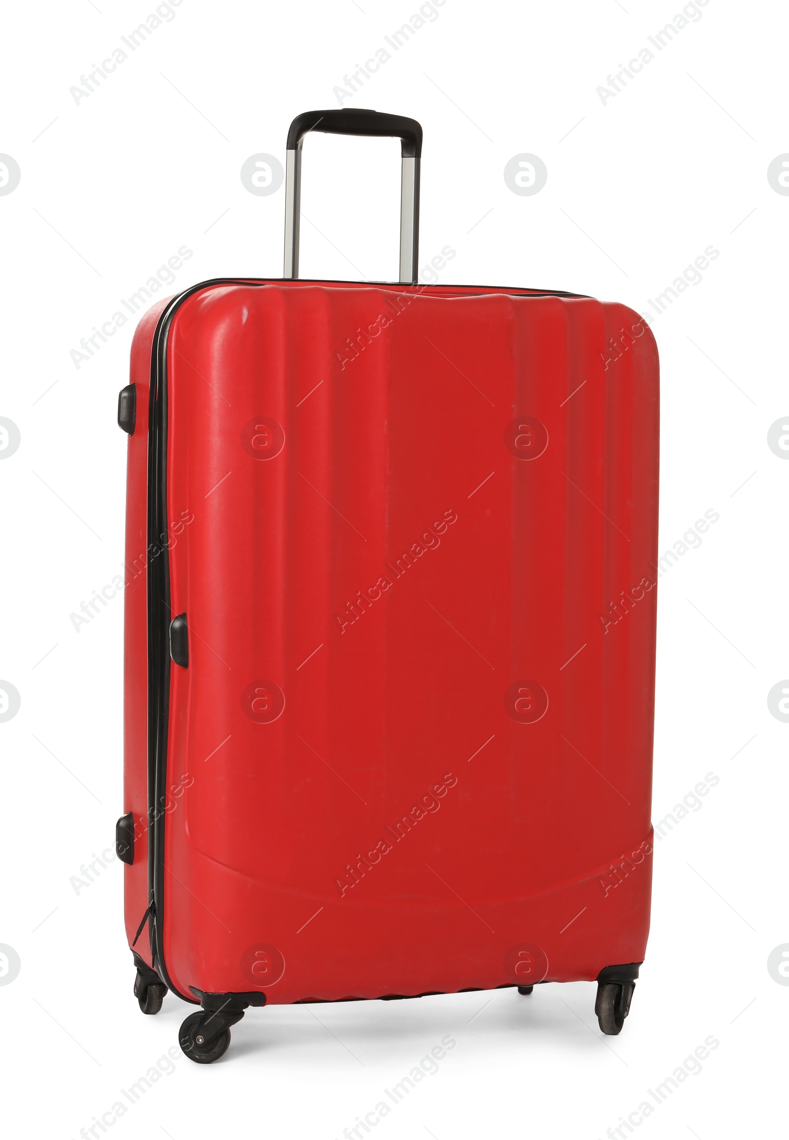 Photo of One new red suitcase isolated on white