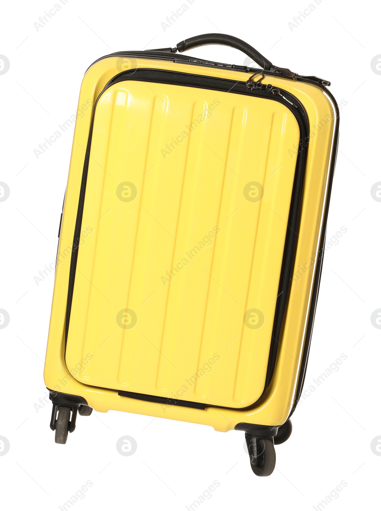 Photo of One new yellow suitcase isolated on white