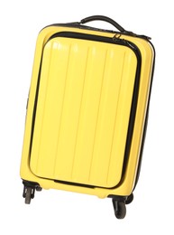 Photo of One new yellow suitcase isolated on white