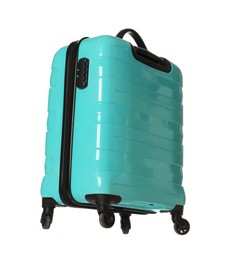 One new turquoise suitcase isolated on white