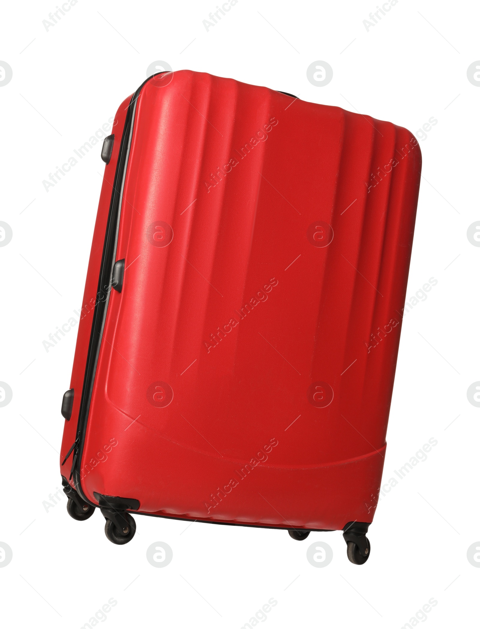 Photo of One new red suitcase isolated on white