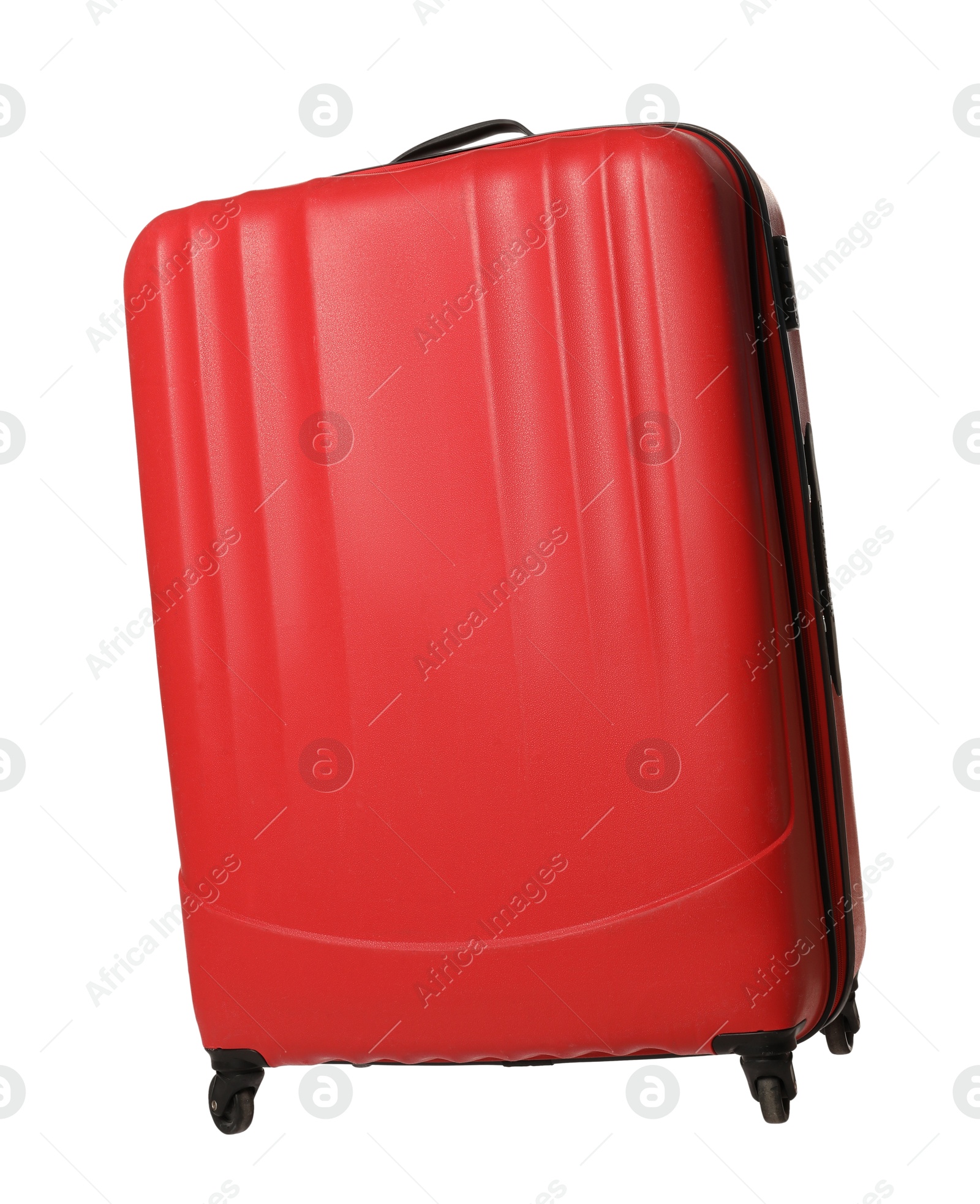 Photo of One new red suitcase isolated on white