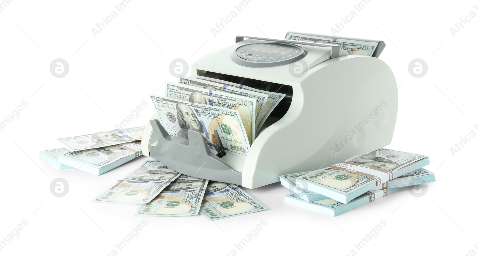 Photo of Money counter machine and dollar banknotes isolated on white