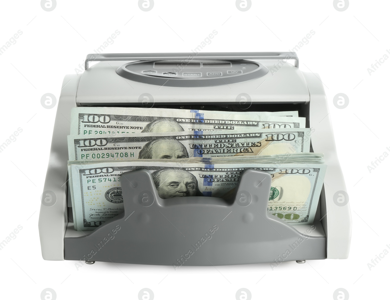 Photo of Money counter machine with dollar banknotes isolated on white