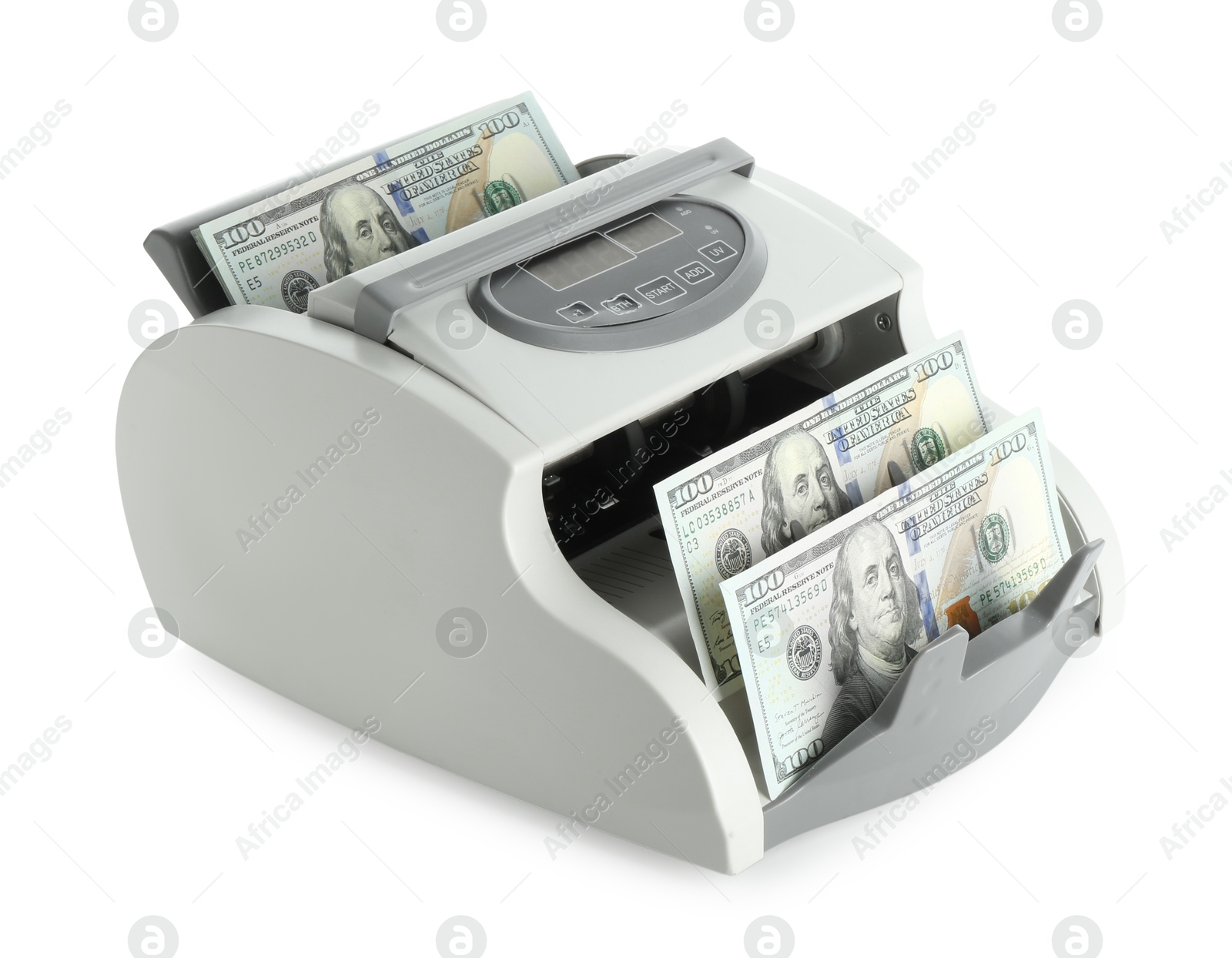 Photo of Money counter machine with dollar banknotes isolated on white