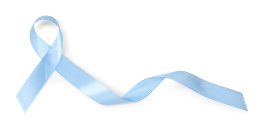 Photo of Light blue ribbon isolated on white, top view. Prostate cancer awareness