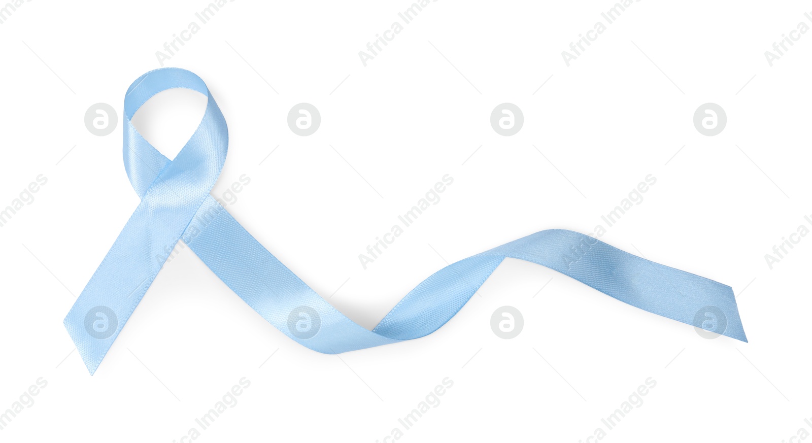 Photo of Light blue ribbon isolated on white, top view. Prostate cancer awareness