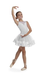 Photo of Little ballerina practicing dance moves on white background