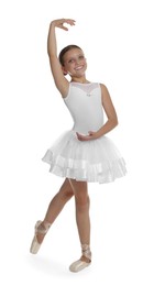 Photo of Little ballerina practicing dance moves on white background