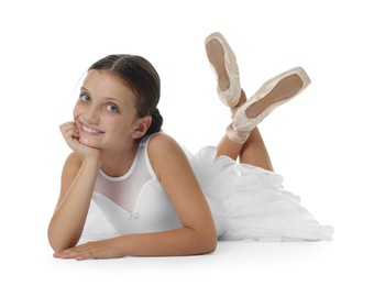 Photo of Portrait of little ballerina on white background