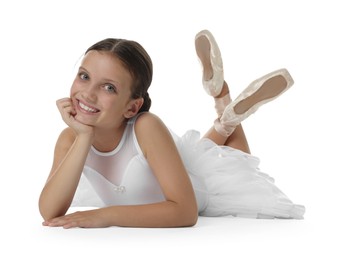 Photo of Portrait of little ballerina on white background