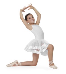 Portrait of little ballerina on white background