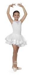 Photo of Little ballerina practicing dance moves on white background