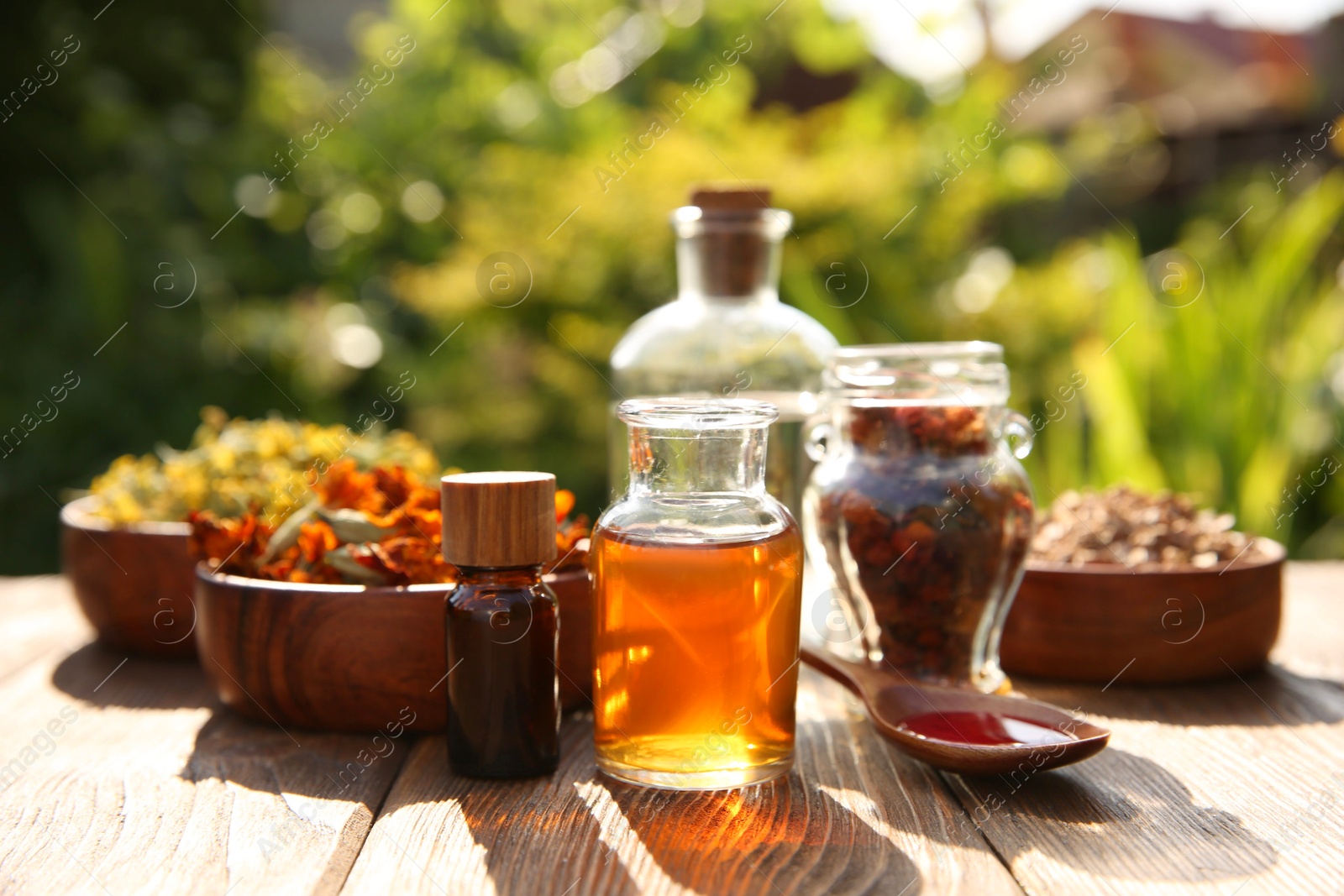 Photo of Different tinctures and ingredients on wooden table outdoors