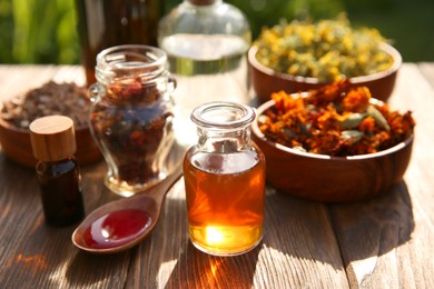 Photo of Different tinctures and ingredients on wooden table outdoors