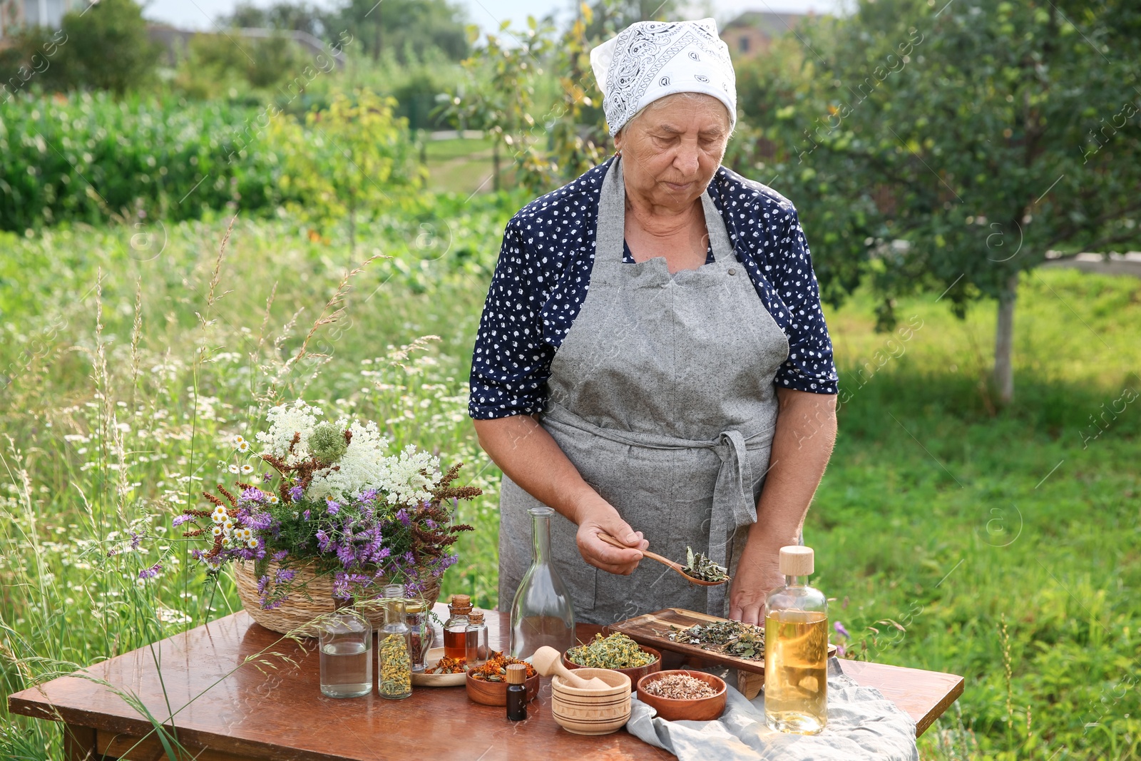 Photo of Senior woman making tincture at wooden table outdoors